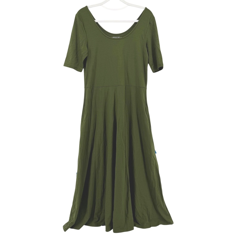 American Giant Olive Green Flex Fit & Flare Midi Dress Womens Size M USA Made - Picture 2 of 12